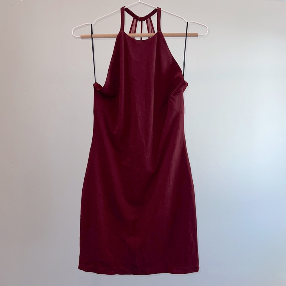 H&M Gold Label wine mini dress sheer back SZ 8